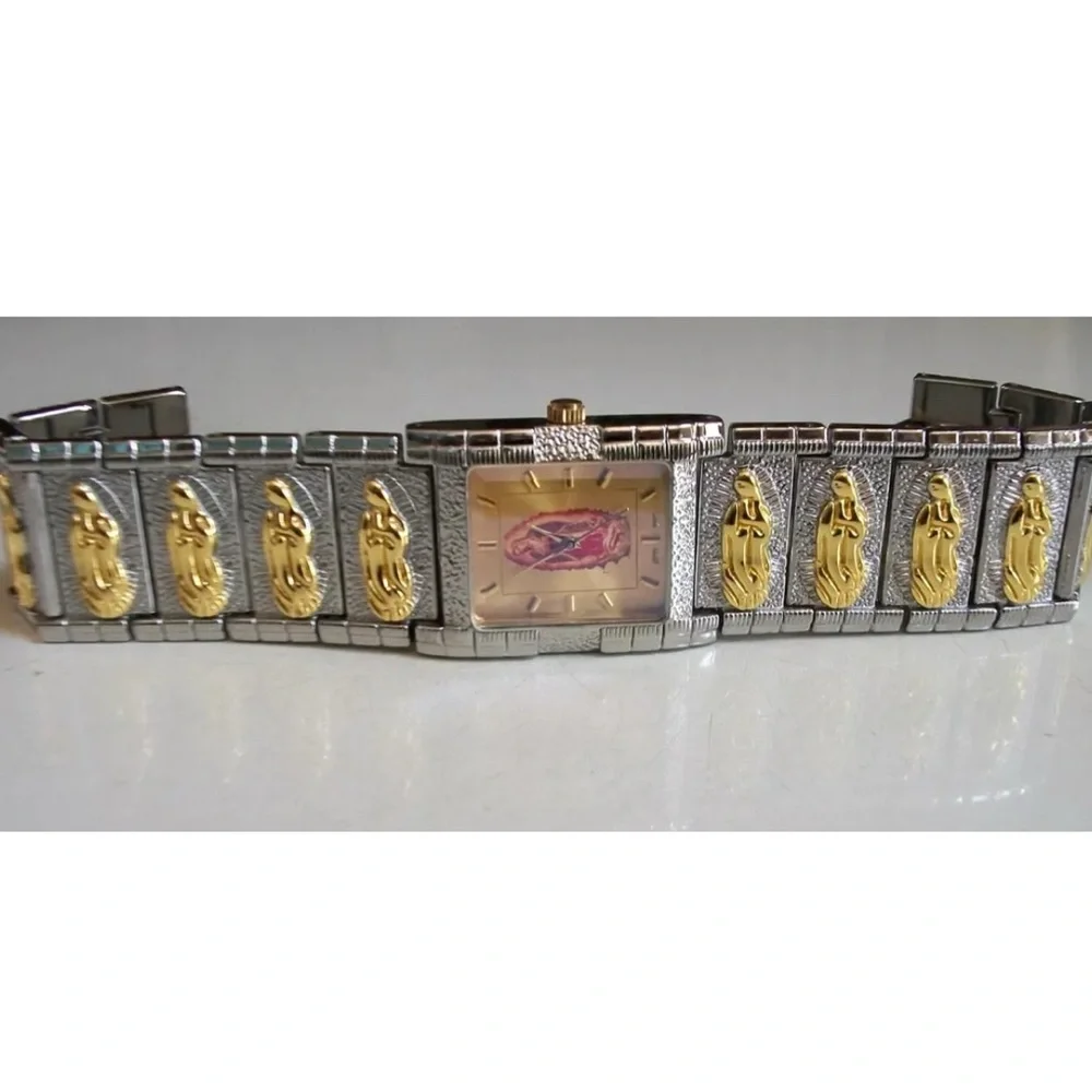 MEN'S SILVER & GOLD FINISH NUGGET STYLE VIRGIN MARY GUADALUPE FASHION WATCH
